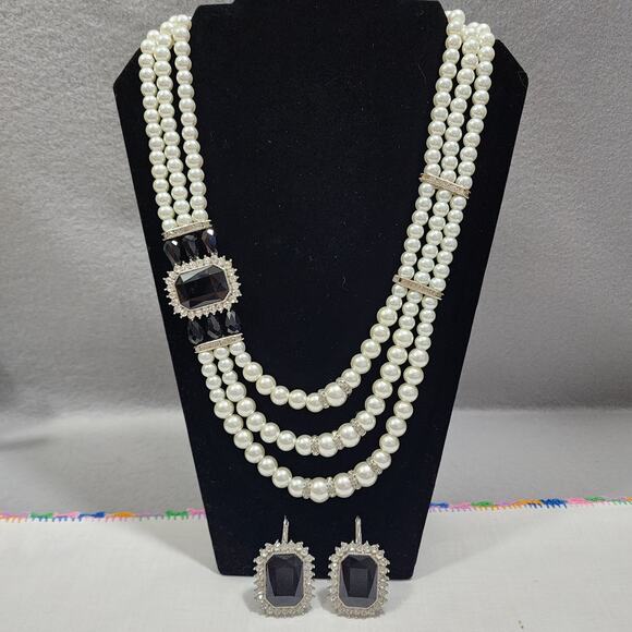 Layer Faux Pearl Black Bead Rhinestone Necklace Matching Earrings Statement Set - Picture 9 of 16